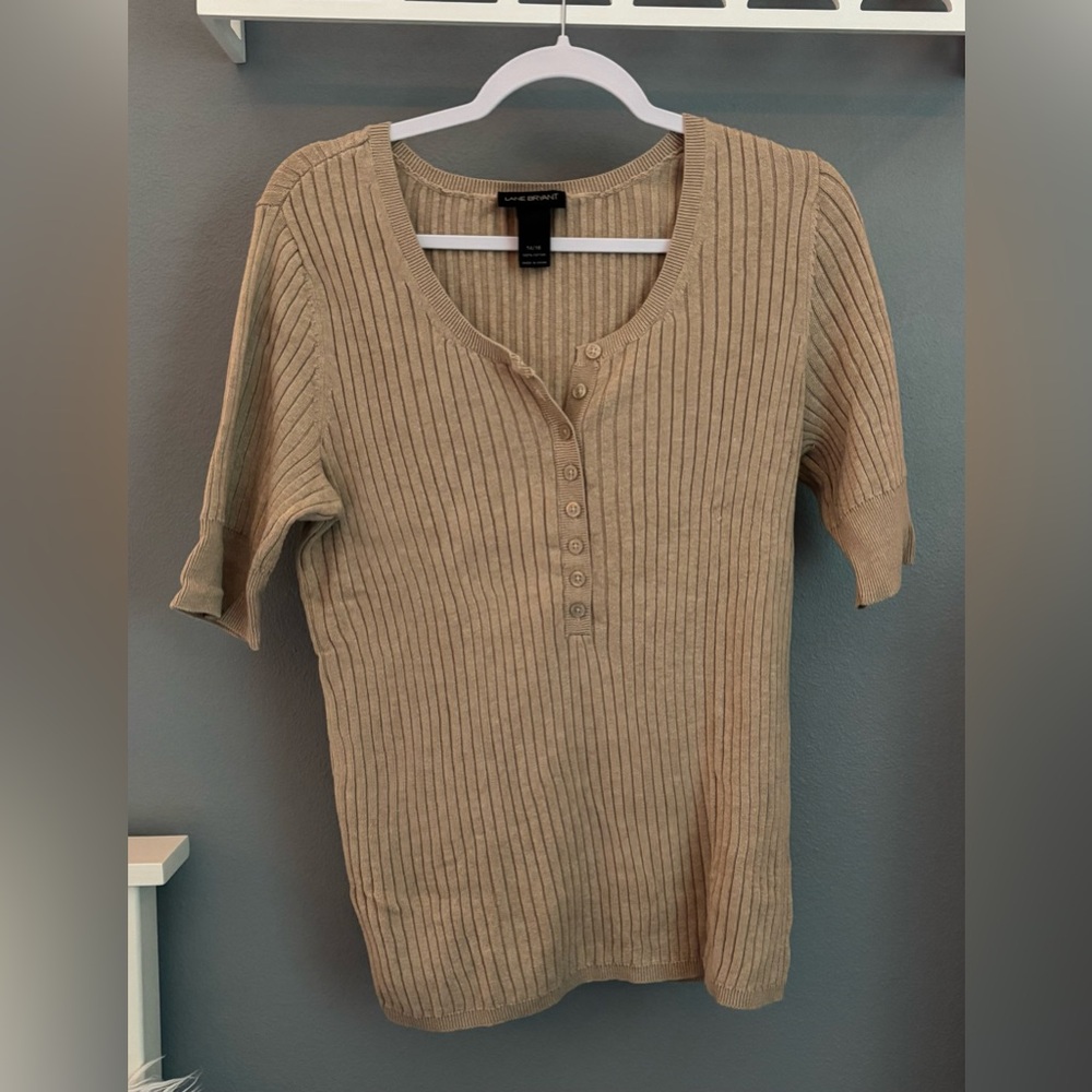 Lane Bryant Tan Ribbed Henley Short Sleeve Top